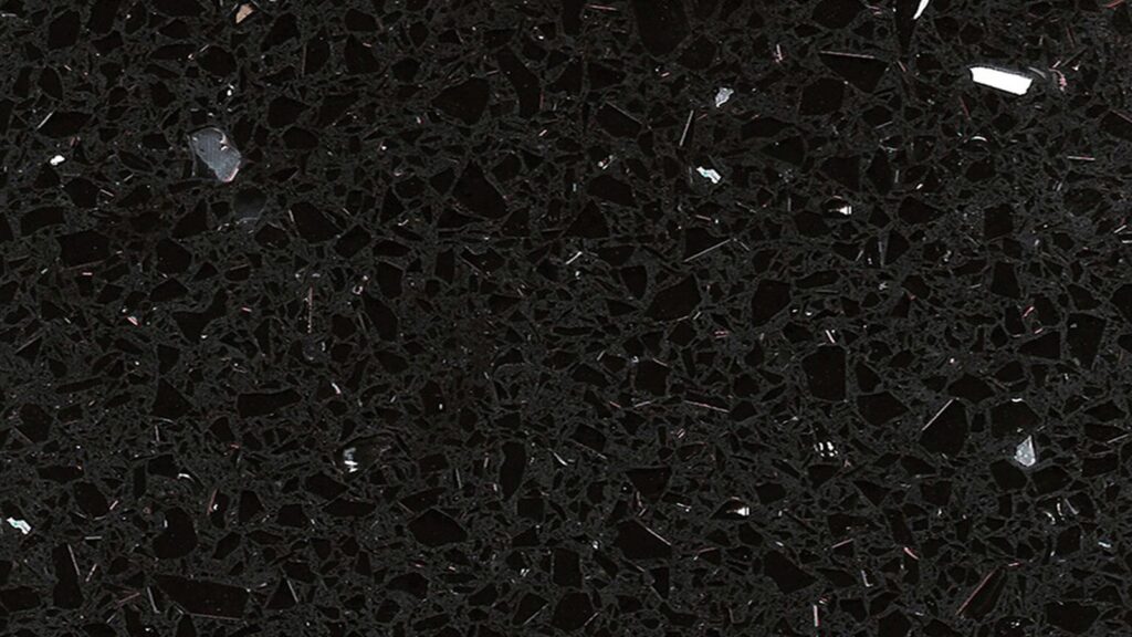 Black Mirror Chip quartz worktop surface detail with mirror fragments