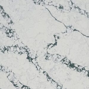 Calacatta Verde quartz slab with white base and bold green veining